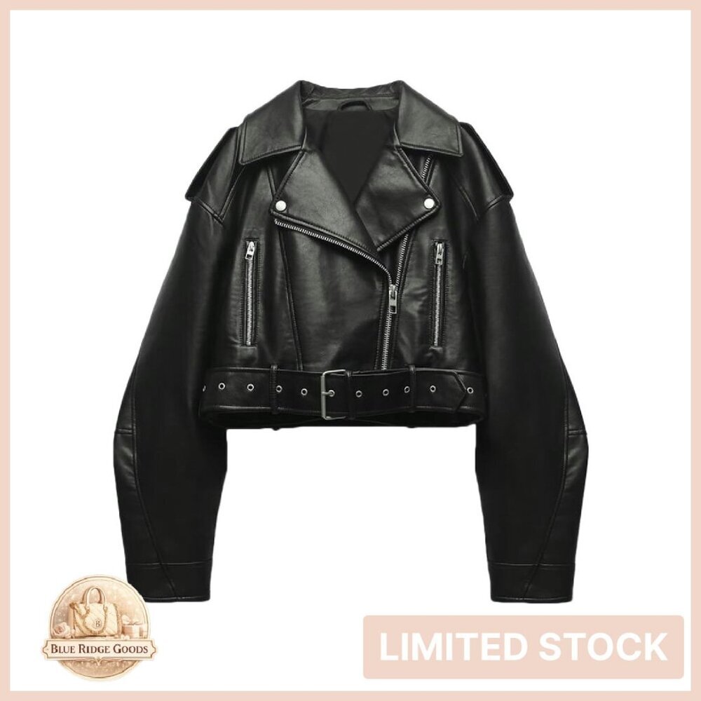 Faux Leather Cropped Biker Jacket Oversized Chic Zipper Belt Y2K Style